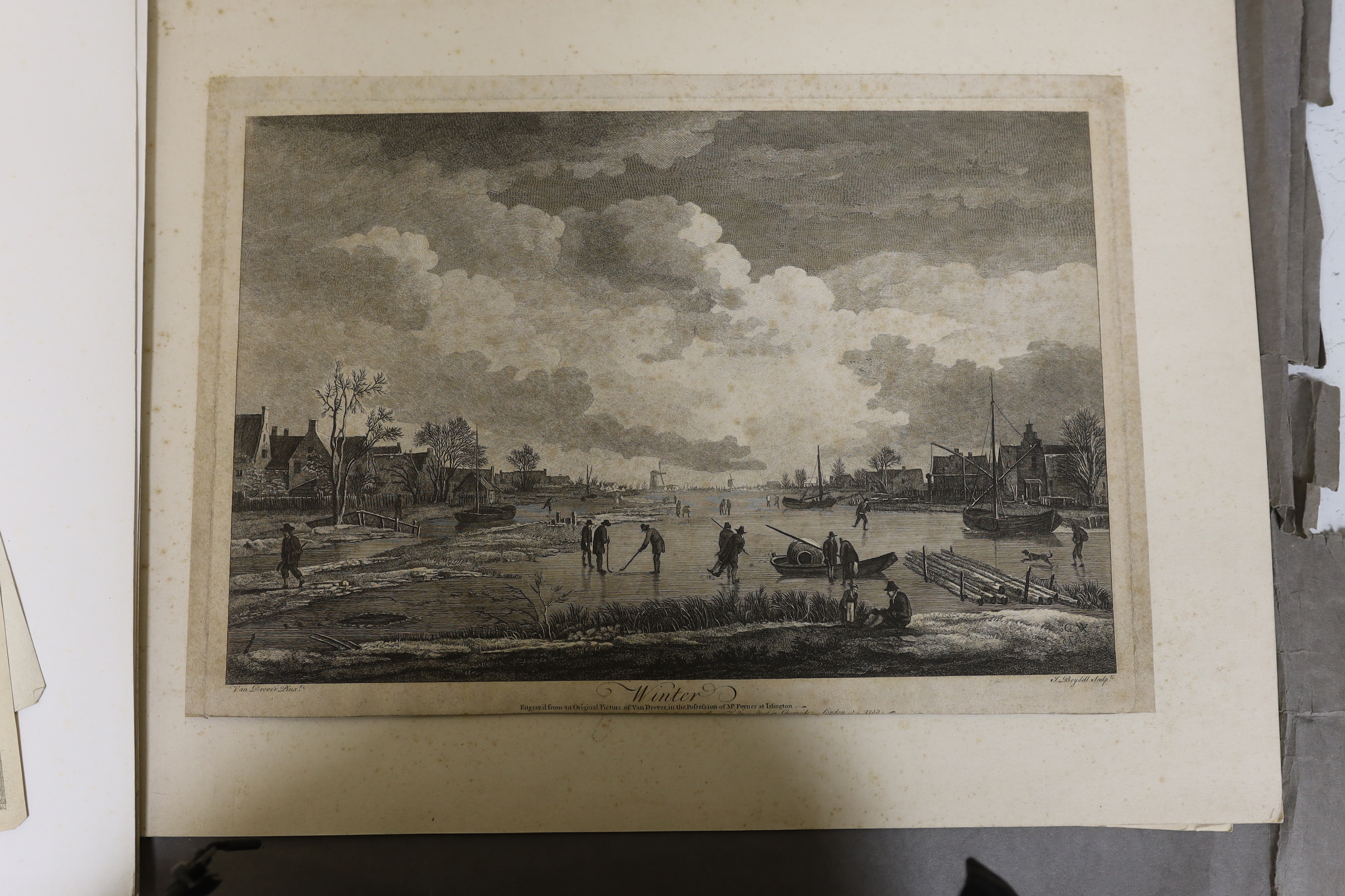 Seven 18th century and later engravings and prints, including after Van Drever, Winter, after Peter Pieter Nolpe, Hiems, after S. Howitt, shooting game, published 1st February 1805 and three pencil signed Archibald Thorb